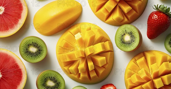 Colorful and artfully arranged slices of fruits like mangoes, strawberries, and kiwi, AI generated