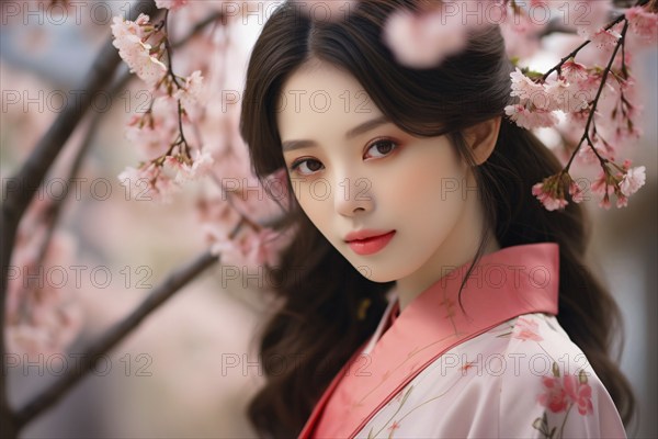 Bautiful Asian woman with sakura flower cherry blossom tree. KI generiert, generiert AI generated