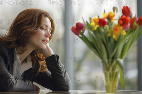 An overtired businesswoman sits dozing at a table, next to a vase of flowers with tulips and daffodils, a symbolic image for spring tiredness, AI generated, AI generated, ai generated, AI generated