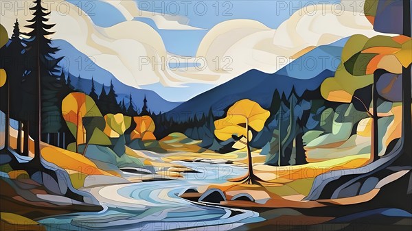 Abstract canvas illustration of a serene nature hike scenery with majestic mountains, AI generated