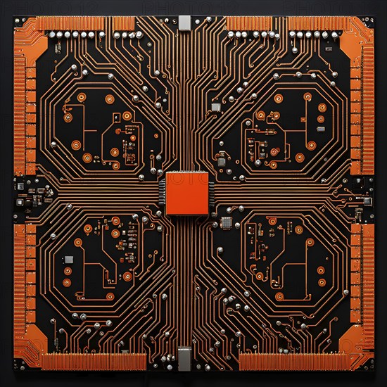 Birds eye view of a circuit board in vivid colored paths and connections, AI generated