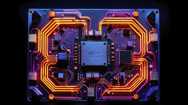 Birds eye view of a circuit board in vivid colored paths and connections, AI generated