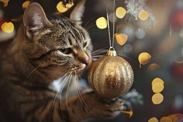 Curious tabby cat playing with golden Christmas tree bauble. Generative AI, AI generated