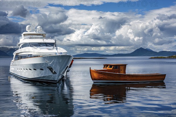 Concept for economic and social inequality showing small poor wooden fishing boat and luxury yacht in background. Generative Ai, AI generated