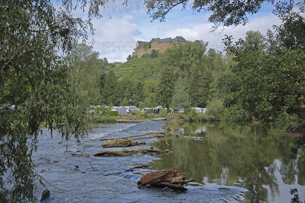 River Nahe with Ebernburg Castle, campsite, Bad Münster am Stein-Ebernburg, Bad Kreuznach, Rhineland-Palatinate, Germany, Europe