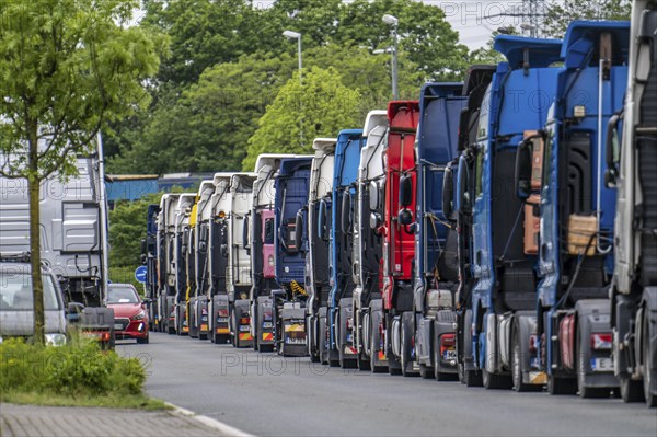 Truck tractors, exclusively from Eastern European countries, park in the harbour area, the canal port of Herne, the drivers wait for the next transport operation, spend their rest periods there, North Rhine-Westphalia, Germany, Europe