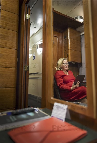 Svenja Schulze (SPD), Federal Minister for Economic Cooperation and Development, photographed during her trip to Ukraine. Here on the train travelling from the Polish border to Kiev. 'Photographed on behalf of the Federal Ministry for Economic Cooperation and Development'