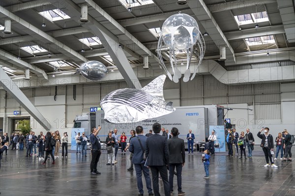 Mechanical flying objects, filled with helium, controlled by fine mechanics, movements copied from animals, birds, fish, bionics applied, to illustrate technical processes, by automation specialists Festo, at the Hannover Messe, Lower Saxony, Germany, Europe