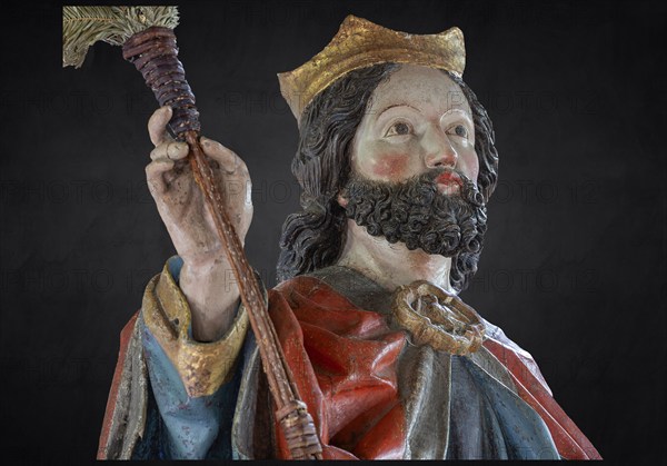 Head of Christ, detail of the palm donkey on a black background, wooden figure from around 1470, Church of St Jodokus, Bad Oberdorf, Oberallgäu, Bavaria, Germany, Europe