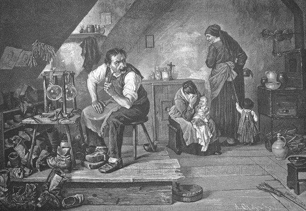 Quarrel in the shoemaker's family, mother and baby crying, the shoemaker looks angry, Historical, digitally restored reproduction from a 19th century original, c. 1890, Record date not stated