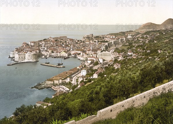 Ragusa, now Dubrovnik, from the East, Dalmatia, Croatia, Austro-Hungary, digitally restored reproduction from a 19th century original, record date not stated, now Dubrovnik, from the East, Dalmatia, Croatia, Austro-Hungary, digitally restored reproduction from a 19th century original, record date not stated, Europe