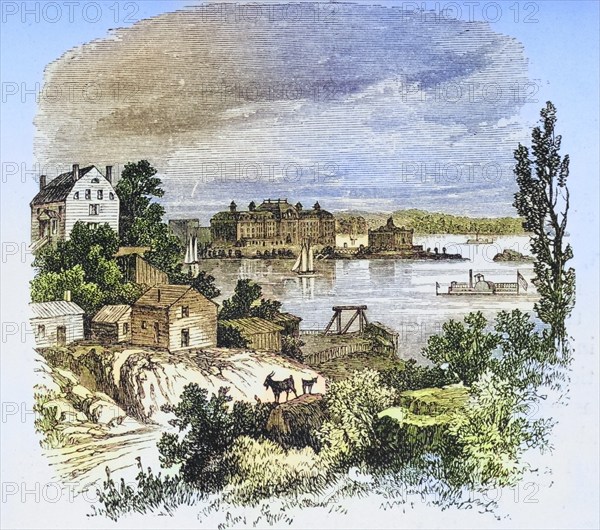 Turtle Bay and Blackwells Island New York in the 1870s. From American Pictures Drawn With Pen And Pencil by Rev Samuel Manning c. 1880, United States, America, Historic, digitally restored reproduction from a 19th century original, Record date not stated, North America