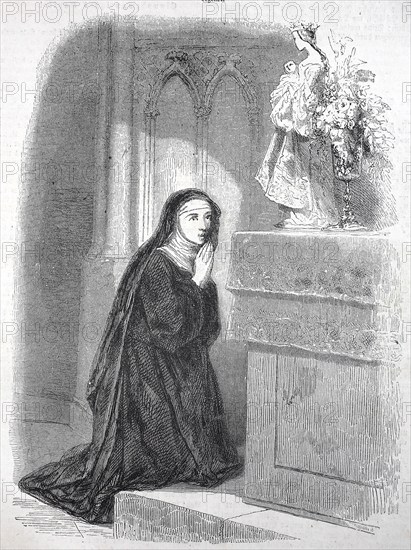 Historical, digitally restored reproduction from a 19th century original, Record date not stated, The nun of Cologne in prayer, symbolising Notburga († after 714 in Cologne, also Notburgis or Noitburgis), venerated as a saint in the Roman Catholic Church, woodcut from 1855, Germany, Europe