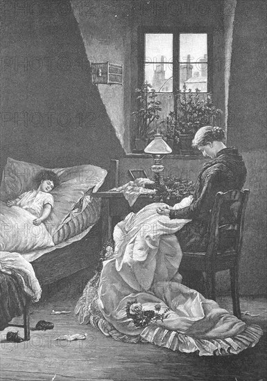 Mother keeping watch at the bedside of a sick child and sewing a dress, Historic, digitally restored reproduction from a 19th century model, c. 1890, Record date not stated