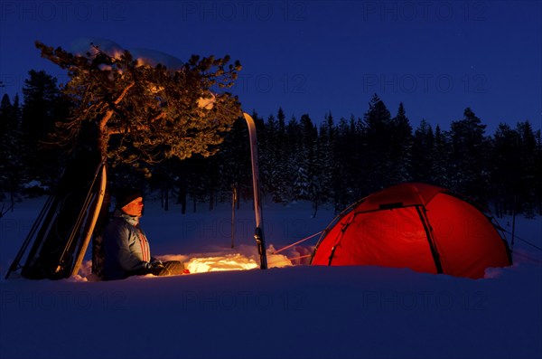 Tent in mountain landscape, Sarek National Park, World Heritage Laponia, Norrbotten, Lapland, Sweden, man, campfire, Scandinavia, Europe