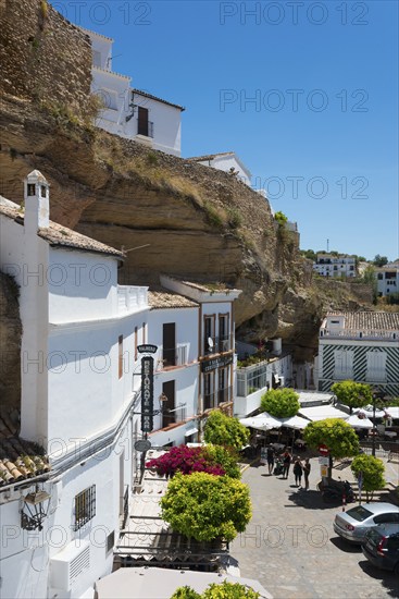 Whitewashed houses nestled in rocks, a charming terrace with trees under a clear blue sky, cave dwellings, Setenil de las Bodegas, Cadiz, Andalusia, Spain, Europe