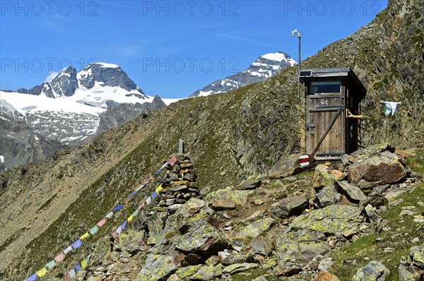 Toilet block at the Bietschhorn hut of the Academic Alpine Club of Bern AACB in the Valais Alps, Lötschental, Valais, Switzerland, Europe