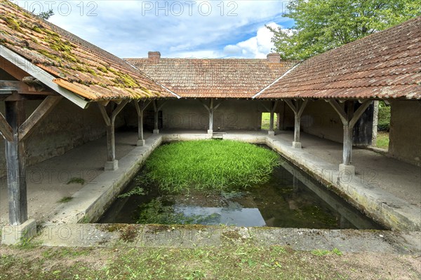 Washhouse in Montaigu-le-Blin village features a grassy basin, Allier. Auvergne-Rhone-Alpes, France, Europe