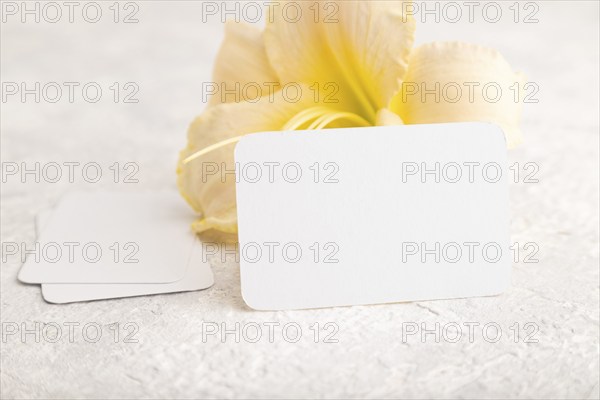 White paper business card mockup with orange day-lily flower on gray concrete background. Blank, side view, copy space, still life. spring concept