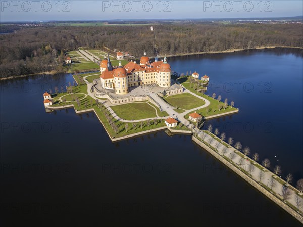 Moritzburg Castle is located in the municipality of Moritzburg near Dresden. The hunting lodge, which dates back to a 16th century hunting lodge, was given its present form in the 18th century under Augustus the Strong, Moritzburg, Saxony, Germany, Europe