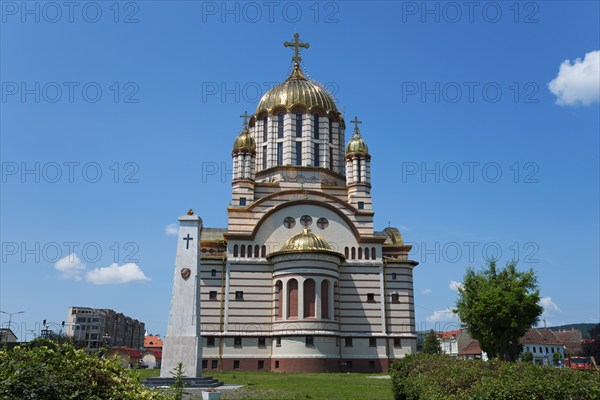 Church with golden domes against a clear sky, embedded in urban greenery, Orthodox Cathedral of St John the Baptist, Fagaras, Fagara?, Fogarasch, Fugres Market, Brasov, Transylvania, Romania, Europe