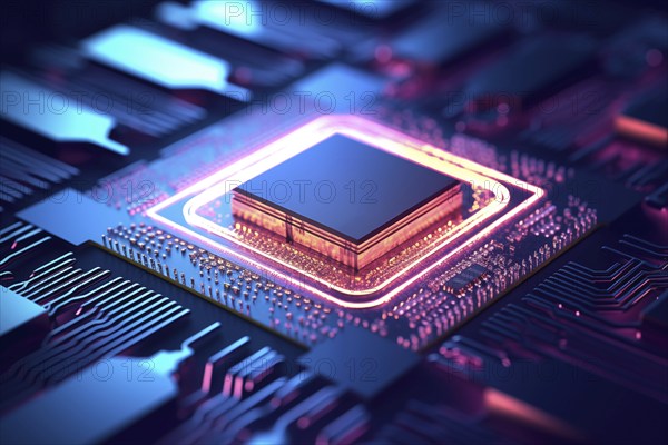 Close-up of a computer processor chip CPU on a motherboard with glowing neon lights. The chip is surrounded by other electronic components. Technology and hardware related content, AI generated