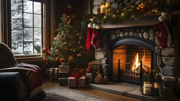 Traditional stone fireplace decorated for Christmas, with garlands, stockings, and candles, set in a cozy, snow-draped winter cabin, AI generated