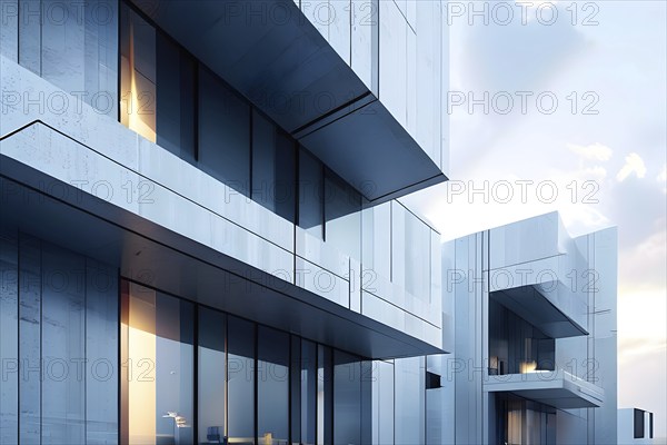 Minimalist architectural composition of modern buildings, with clean angles, rendered in geometric forms and soft hues of grey, cream, and light blue, AI generated