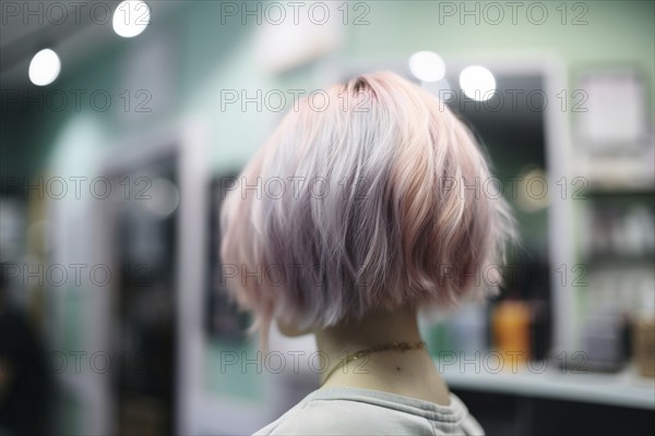 Back view of woman with pastel colored hair and short haircut. KI generiert, generiert AI generated