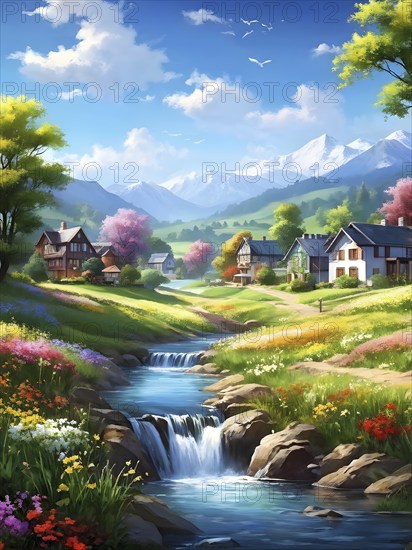 AI generated illustration of colorful countryside houses nestled in a spring or summer scenery with blooming flowers