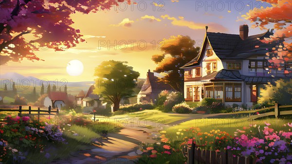 AI generated illustration of colorful countryside houses nestled in a spring or summer scenery with blooming flowers