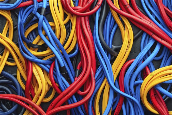 Data cable, power cable, cable clutter, cable clutter, in different colours, format-filling, AI generated, AI generated, AI generated