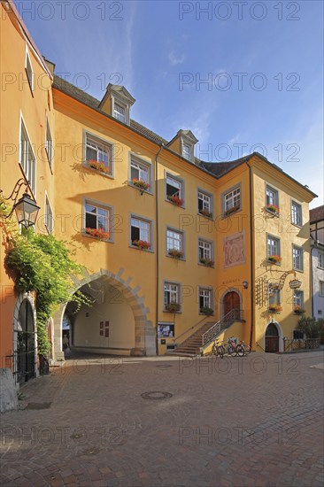 Orange town hall with archway, Meersburg, Obersee, Lake Constance, Lake Constance area, Baden-Württemberg, Germany, Europe