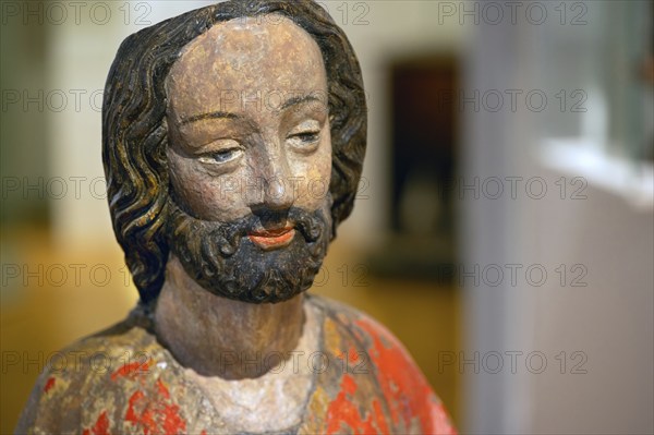 Detail of the Palmesel, wooden figure from around 1380, head of Christ, Hohenzollerisches Landesmuseum, Hechingen, Baden-Württemberg, Germany, Europe