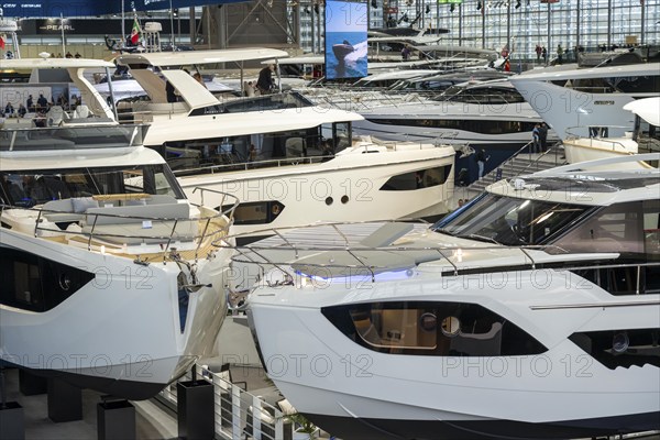 Large yachts, luxury yachts, in Hall 6 of BOOT 2024, the world's largest yacht and water sports trade fair in Düsseldorf, North Rhine-Westphalia, Germany, Europe