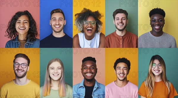 Diverse group of men posing for portraits. Multiple portraits with colored backgrounds, AI generated