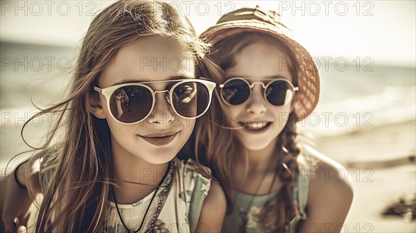 Two young girlfriends posing wearing sunglasses having fun on the beach, generatvie AI, AI generated