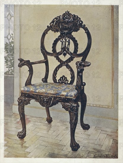 Furniture around the turn of the century 1900, Carved early Chippendale chairman's chair (1910, 1911), Carved early Chippendale chairman's chair (1910, 1911) .jpg