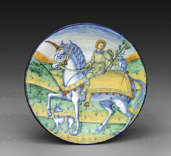 Plate, Man riding a unicorn, circa 1510, circle by Jacopo Caffagiolo Italy . Tin-glazed earthenware, maiolica, Historic, digitally restored reproduction from a 19th century model, Record date not stated