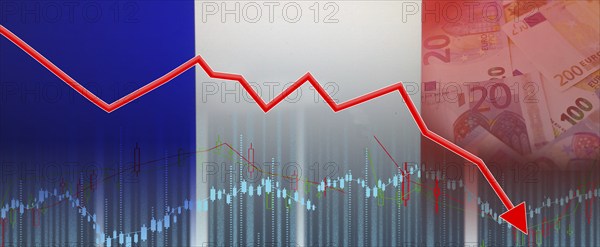 France financial crisis on economic graph, economic collapse. Financial fall of the French economy on financial graph