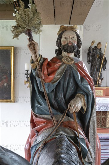 Head of Christ, detail of the Palmesel, wooden figure from around 1470, Church of St Jodokus, Bad Oberdorf, Oberallgäu, Bavaria, Germany, Europe