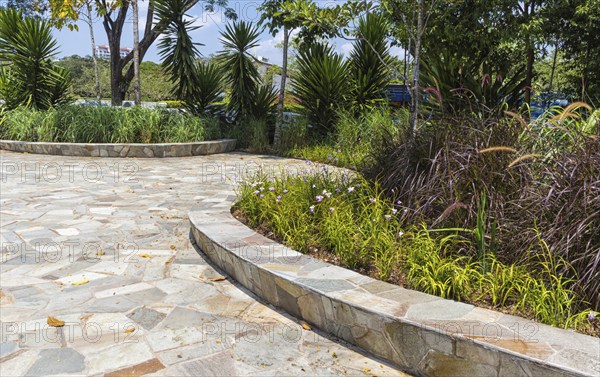 Retaining wall made of natural stone in a botanical garden