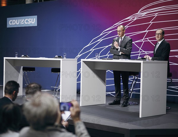 Friedrich Merz, Chairman of the CDU/CSU parliamentary group in the German Bundestag and Alexander Dobrindt, First Deputy Chairman of the CDU/CSU parliamentary group in the German Bundestag recorded at the event, Wir hören zu | Gipfel der CDU/CSU-Fraktion I Wirtschaftswende für Deutschland at the German Bundestag in Berlin, 1 February 2024