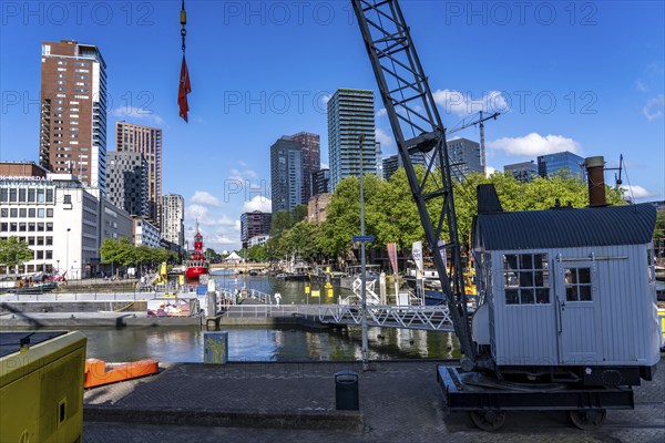 The Maritime Museum, outdoor area in the Leuvehaven, in Rotterdam, many old ships, boats, exhibits from the maritime sector, Netherlands