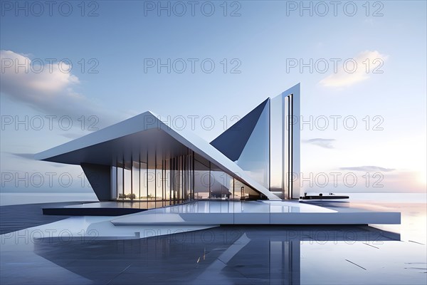 Minimalist architectural composition of modern buildings, with clean angles, rendered in geometric forms and soft hues of grey, cream, and light blue, AI generated