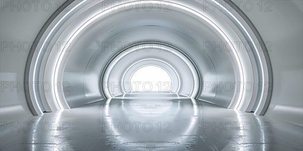 Futuristic long white hallway with arch. Generative AI, AI generated