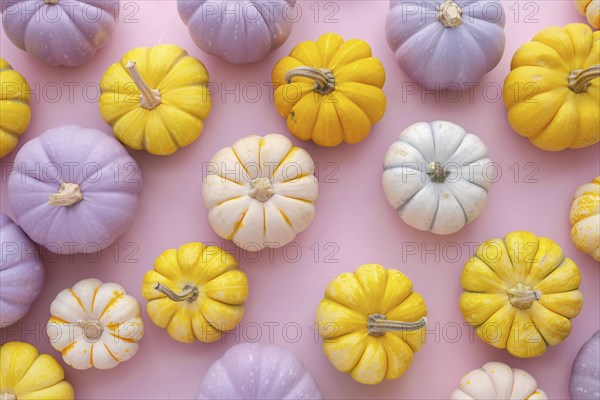 Op view of yellow and purple pumpkins on pastel blue background, Generative Ai, AI generated