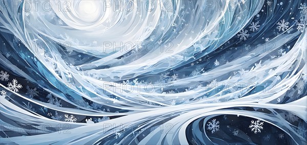 Abstract illustration of dreamy, icy landscape with swirling blues, whites, and silvers, evoking the feeling of a cold winter's breeze, AI generated