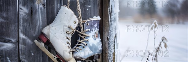 Pair of vintage ice skates hanging by their laces on an old wooden fence with frost and snow gently settled on the blades, AI generated