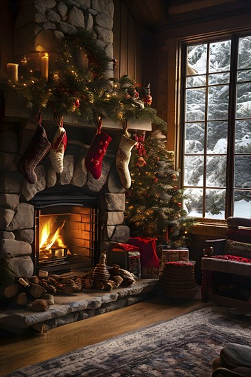 Traditional stone fireplace decorated for Christmas, with garlands, stockings, and candles, set in a cozy, snow-draped winter cabin, AI generated